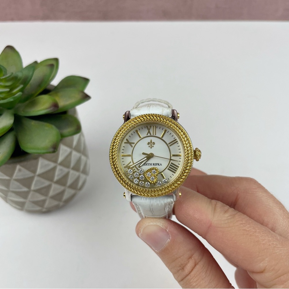 Judith Ripka Stainless Steel Gold White Heart Charm Watch Jewelry Women Designer